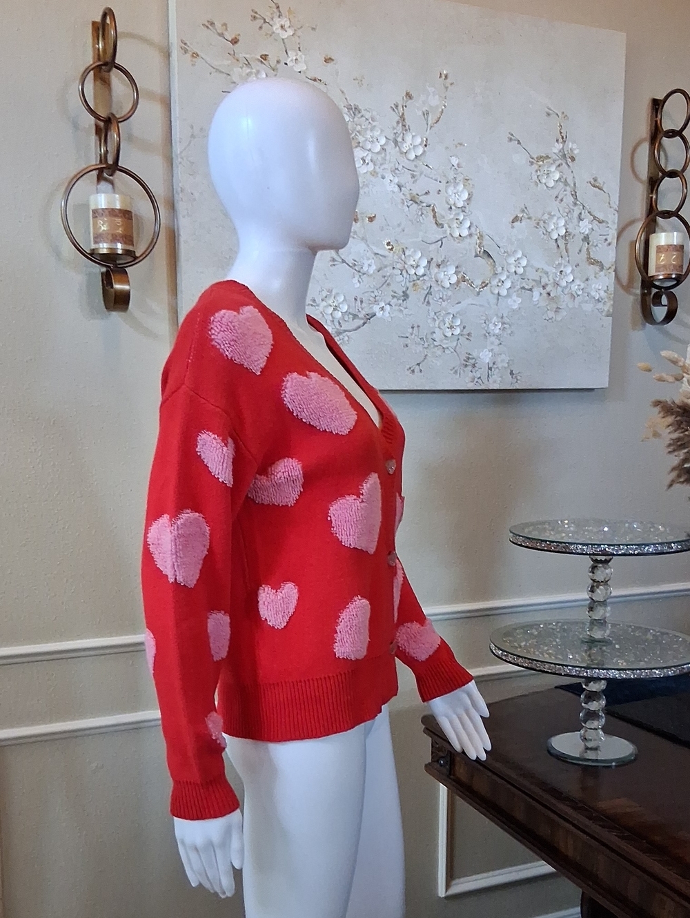 New Women's Heart Print V-neck Red And Pink Oversize Knit Glam Cardigan XXS - Picture 7 of 17
